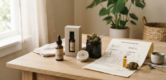 Productos de CBD junto a documentación para comparar su calidad